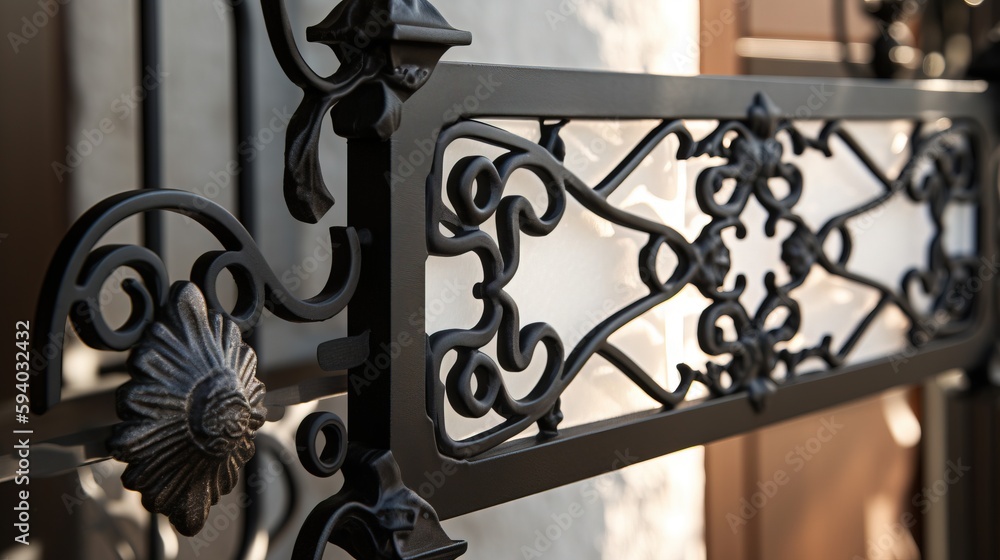 Poster a close up of a metal gate with a decorative design on the outside of it and a window in the back of