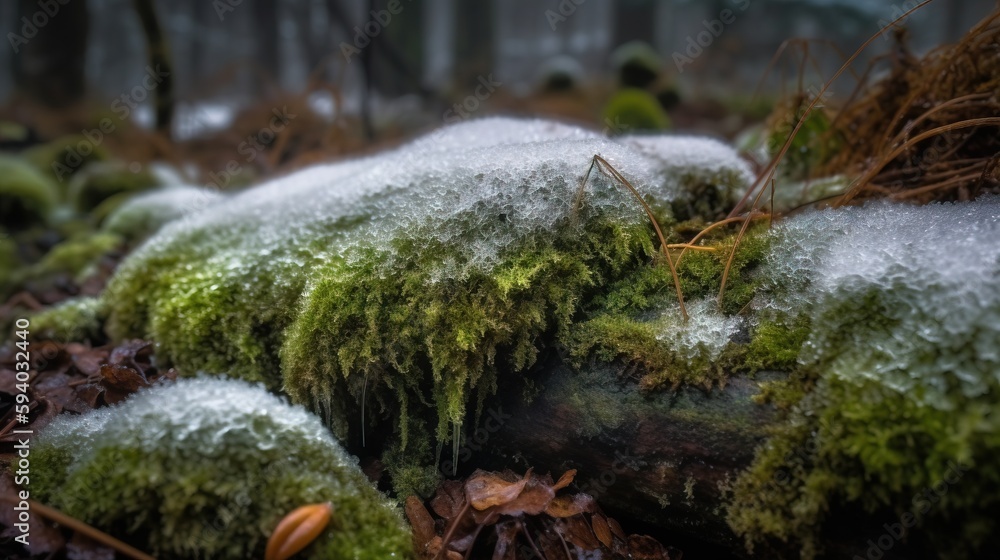 Poster a moss covered log in a forest with leaves and moss growing on the ground and on the ground it is co