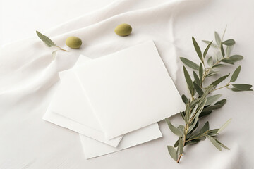 Minimalist styled wedding stationery mockup with a stack of blank invitation cards and a fresh olive twig on a white soft linen background, AI Generative