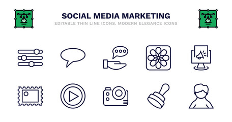 set of social media marketing thin line icons. social media marketing outline icons such as square bubble, advise, photos, digital marketing, post stamp, video player, big photo camera, stamps, user