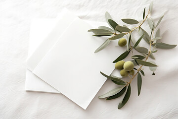 Minimalist styled wedding stationery mockup with a stack of blank invitation cards and a fresh olive twig on a white soft linen background, AI Generative