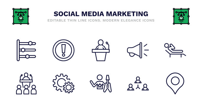 set of social media marketing thin line icons. social media marketing outline icons such as importance, seminar, promotion, recreational, conference, system, rocker, coordinating people, vector.