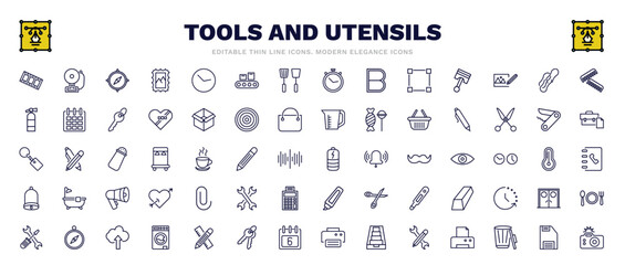set of tools and utensils thin line icons. tools and utensils outline icons such as film strip photograms, cardinal points, combs, ink pen, charged battery, attachments, orientation compass, face