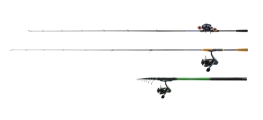 Fishing rods and reels on transparent background. PNG background.	