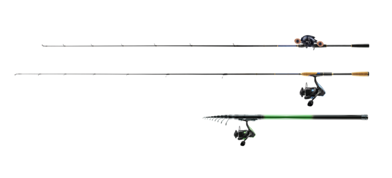 Fishing rods and reels on transparent background. PNG background.	