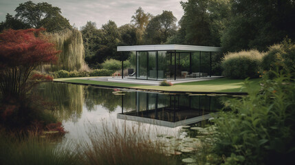 Modern summer house by the lake, glass and steel architecture, minimalist garden, serene and luxurious, generative AI