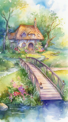Enchanting watercolor summer cottage, fairy-tale forest, whimsical and dreamy, footbridge and stream, generative AI