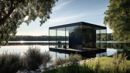 Modern summer house by the lake, glass and steel architecture, minimalist garden, serene and luxurious, generative AI - obrazy, fototapety, plakaty