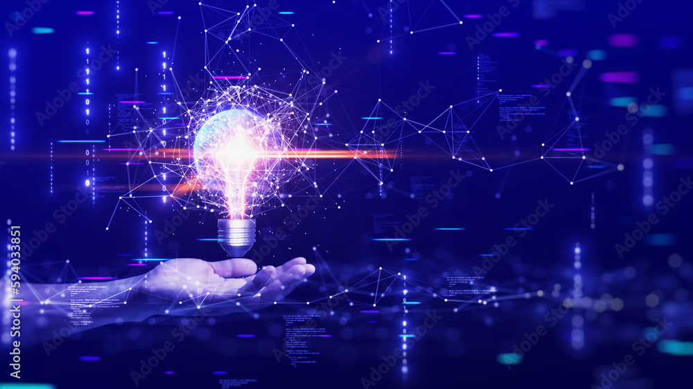 Poster businessman holding light bulb creative connection of futuristic technology internet network polygon