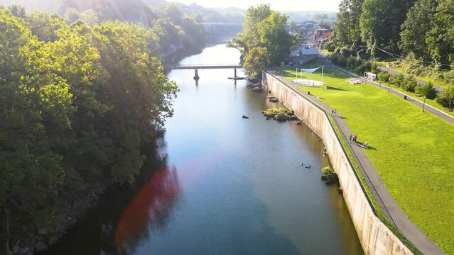 River in the park with bridge.