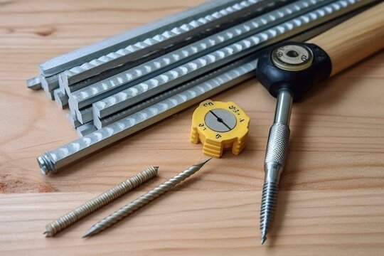 Screws, meter, pencil and wooden bars on the carpenter workbench background flat lay. Generative AI