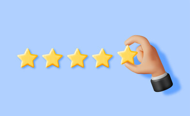 3D Glossy Yellow Five Stars Rating with Hand Isolated. Reviews Five Star Realistic Render. Testimonials, Rating, Feedback, Survey, Quality and Review. Achievements or Goal. Vector Illustration