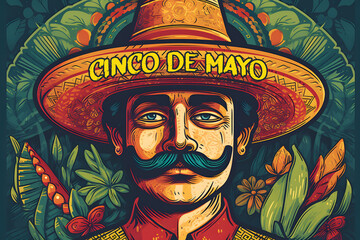 Cinco De Mayo poster design with authentic  man in Sombrero. Marketing, advertising or invitation template with copy space for your holiday. Generative ai.