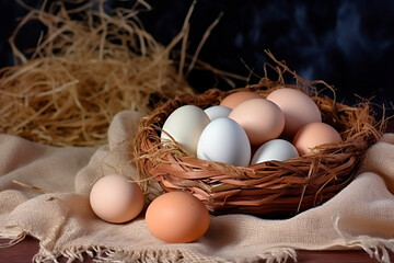 Chicken white eggs on burlap. Generative AI