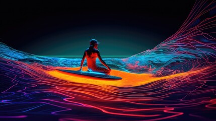 Women surfing on the neon sea in the Metaverse world, fantasy world and colorful sea