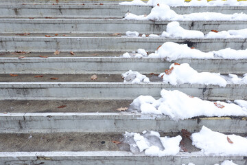 Half of the Stairs Have been cleared from the snow while the other half is still covered by snow