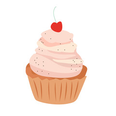 Cupcake with cherry. Vector flat illustration. Muffin with whipped cream. Cartoon style. For birthday cards, invitations. For birthday cards, invitations.