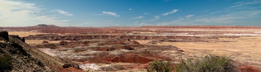 Panoramic shot of the layers of sediments at the Petrified Forest National Park, Arizona, USA.