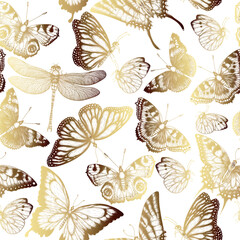 Seamless vector pattern golden insects. Monarch butterfly, hive butterfly, peacock butterfly, butterfly swallowtail, pieridae, butterflies admiral, podalirius, papilio, dragonfly  in engraving style
