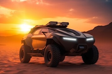 Fototapeta na wymiar Military futuristic offroad vehicle in the desert sunset