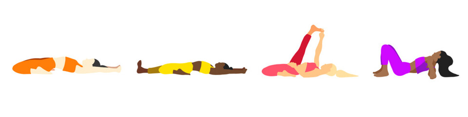 Flexibility yoga poses collection. European, African, Asian female, lady, woman, girl. Pilates, mental health, training, gym. Vector illustration in cartoon flat style isolated on white background.