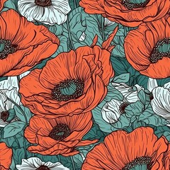 Organic Hand-Painted Acrylic Poppy Flowers Repeating Pattern. A Beautiful and Striking Line Art Print. Generatde AI.