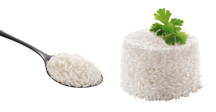 Colher com arroz branco e porção de arroz branco cozido em fundo isolado transparente