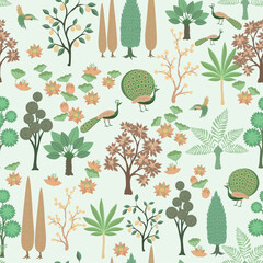 seamless pattern with garden, palms, lotus, peacoc