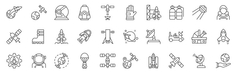 Set of 30 icons related to space and astronomy. Outline symbols collection. Editable stroke. Vector illustration © SkyLine