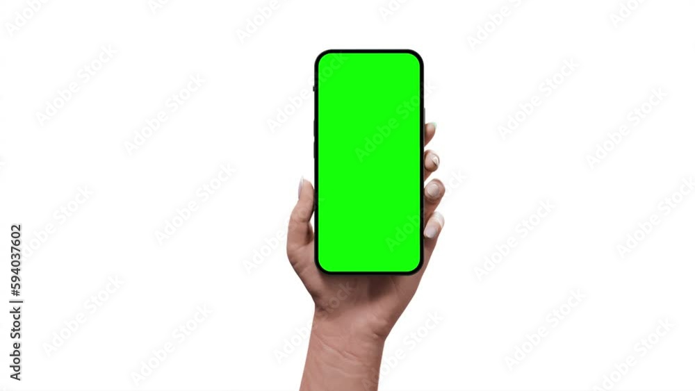 Poster a woman is holding a smartphone with a blank screen in her hand, and the camera is smoothly rotating