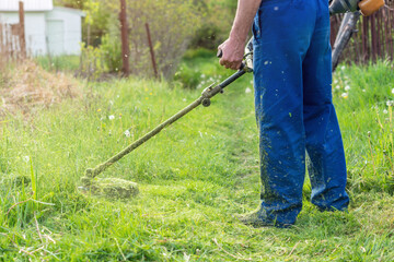 The gardener mows the grass with a trimmer in the spring garden