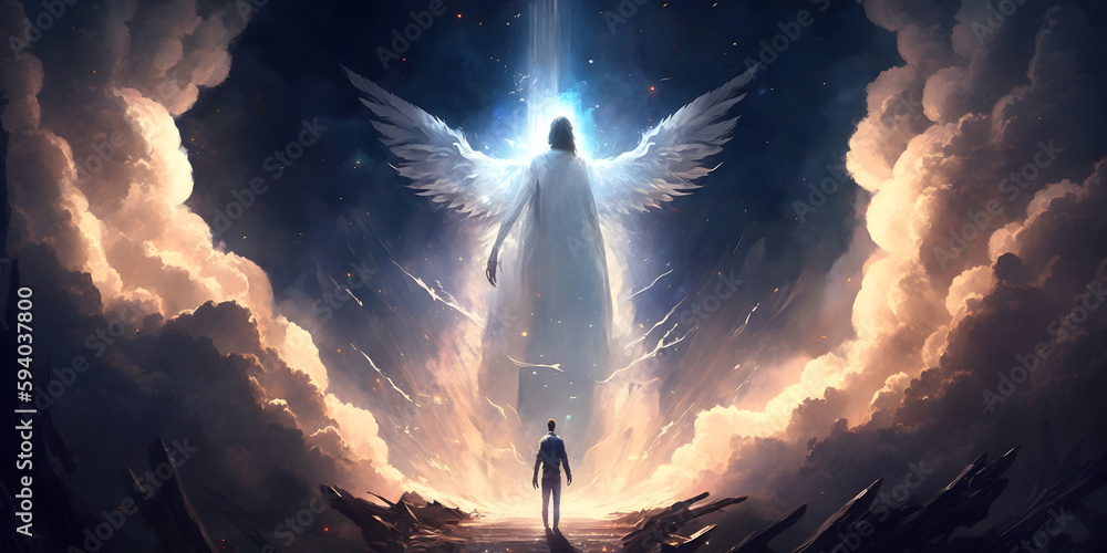 Wall mural astral silhouette of human in cosmic space meditate. back view man fly transcendental spiritual medi