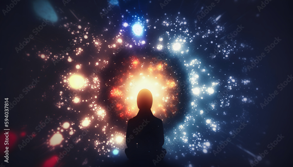 Wall mural astral yoga silhouette of human in cosmic space meditate. back view man practicing transcendental sp