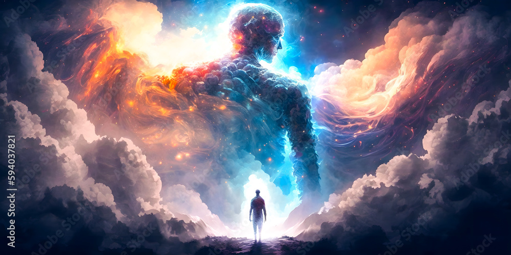Wall mural astral silhouette of human in cosmic space meditate. back view man fly transcendental spiritual medi