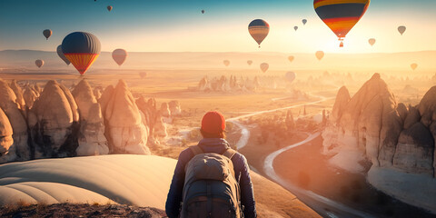 Fototapeta premium Cappadocia Turkey Travel banner, Tourist with backpacks background hot air balloon with sunset. Generation AI