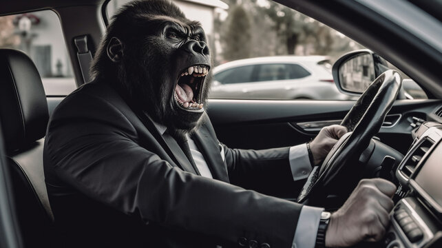 aggressiver Gorilla im Business Anzug voller Wut am schimpfen im Auto beim fahren im Stra&szlig;enverkehr. Generative Ai.