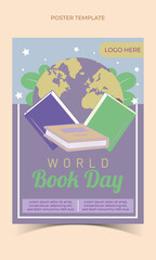 World book day, template, purple editable vector illustration, with globe, books, and leaf