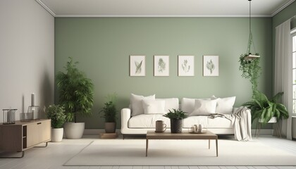 Fototapeta na wymiar Natural Green Scandinavian Living Room Interior Design