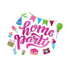 Home Party color lettering on textured background. Hand drawn vector illustration with text decor and icons for card or template. Positive motivational nice hand drawn text for invitation or sticker