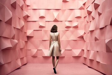 Generative AI illustration of Elegant and attractive 30-year-old woman with her back turned to a futuristic wall dressed in a luxurious leather dress