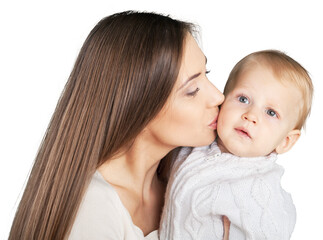 Mother kissing son on white background