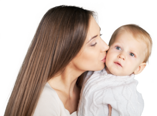 Mother kissing son on white background