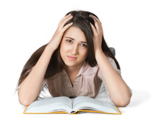 Bored Young Woman with Head Resting on Hand and Open Book - Isolated