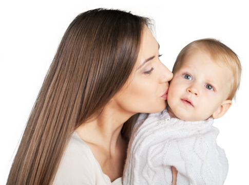 Mother kissing son on white background