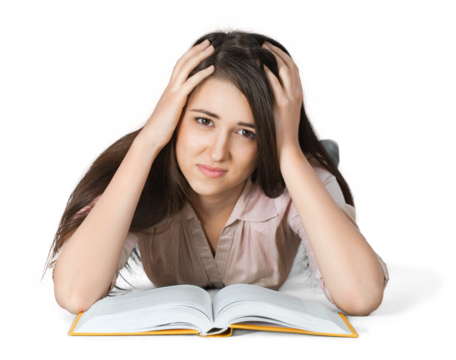 Bored Young Woman with Head Resting on Hand and Open Book - Isolated - Powered by Adobe