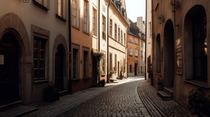 Fototapeta na wymiar A charming street in an old European town, with copyspace in the cobblestone path. Generative ai.