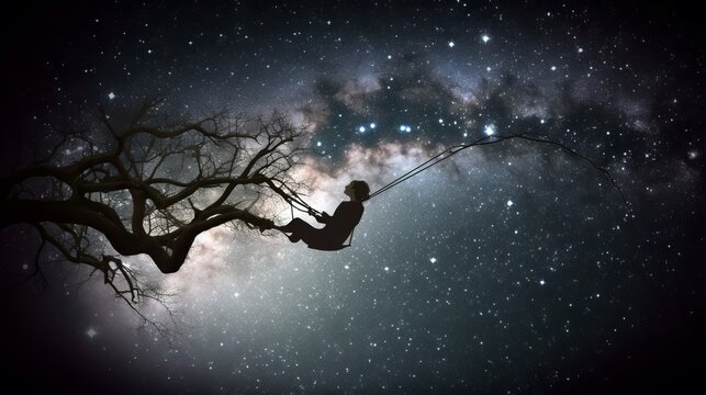 A dreamy image of a person swinging on a tree branch that extends into the cosmos, with copyspace in the stars. Generative ai.