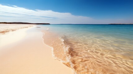 Fototapeta premium A serene beach scene with golden sand and crystal-clear water, with copyspace in the sky for text. Generative ai.