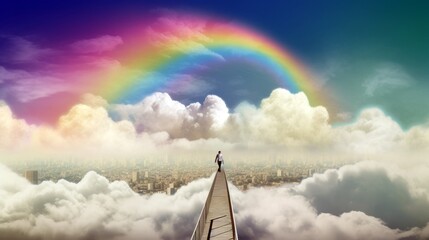 A surreal image of a person walking along a rainbow bridge over a city of clouds, with copyspace in the sky. Generative ai.