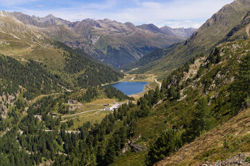 Lake Obersee seen from Passo Stalle - obrazy, fototapety, plakaty